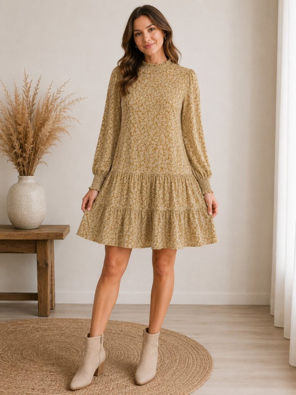 Neuflora Mustard Floral Tiered Dress Women's M Boho Cottagecore Prairie Midi